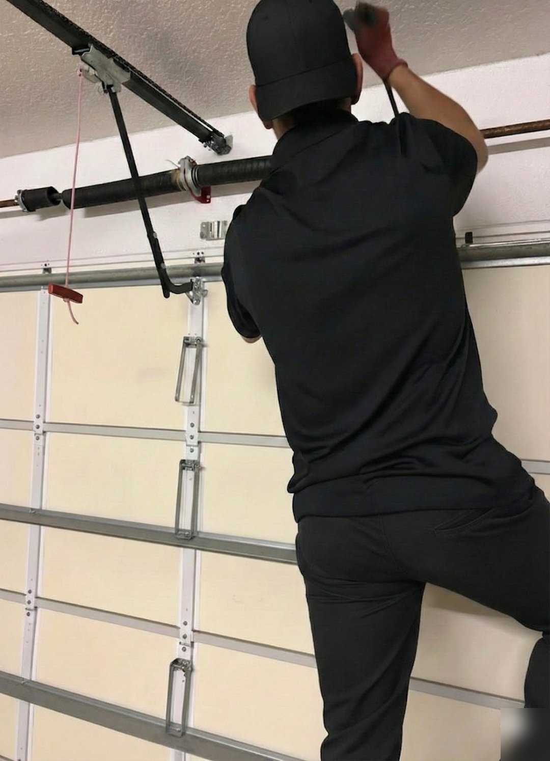 Close view of a technician working on a garage door track and panel