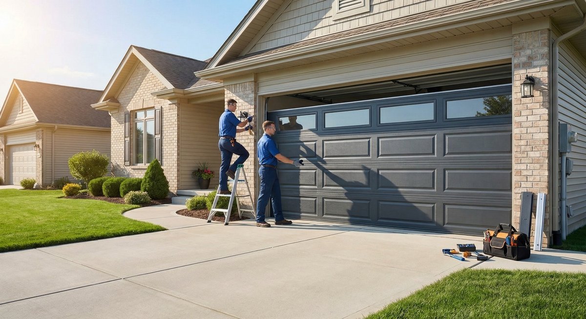 Two technicians beside a dark sectional door at a residential garage