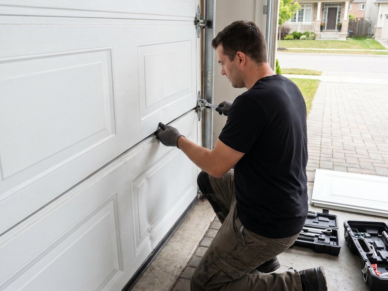 Technician fastening a hinge on a white raised-panel garage door