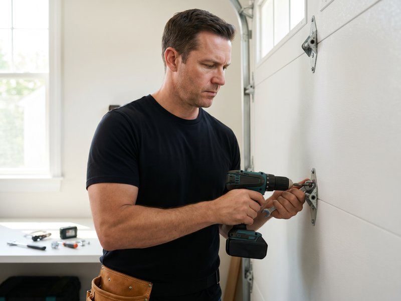 Technician drilling a bracket on a white garage door