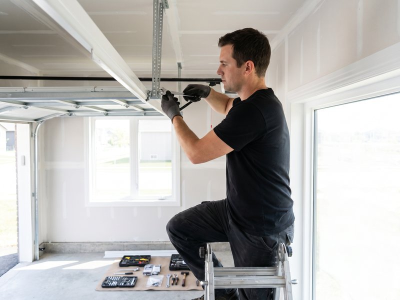 A person on a step stool reaching toward a ceiling-mounted door rail