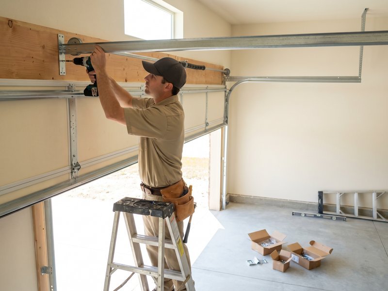 Installer on a stepladder bolting the horizontal track above a garage door opening